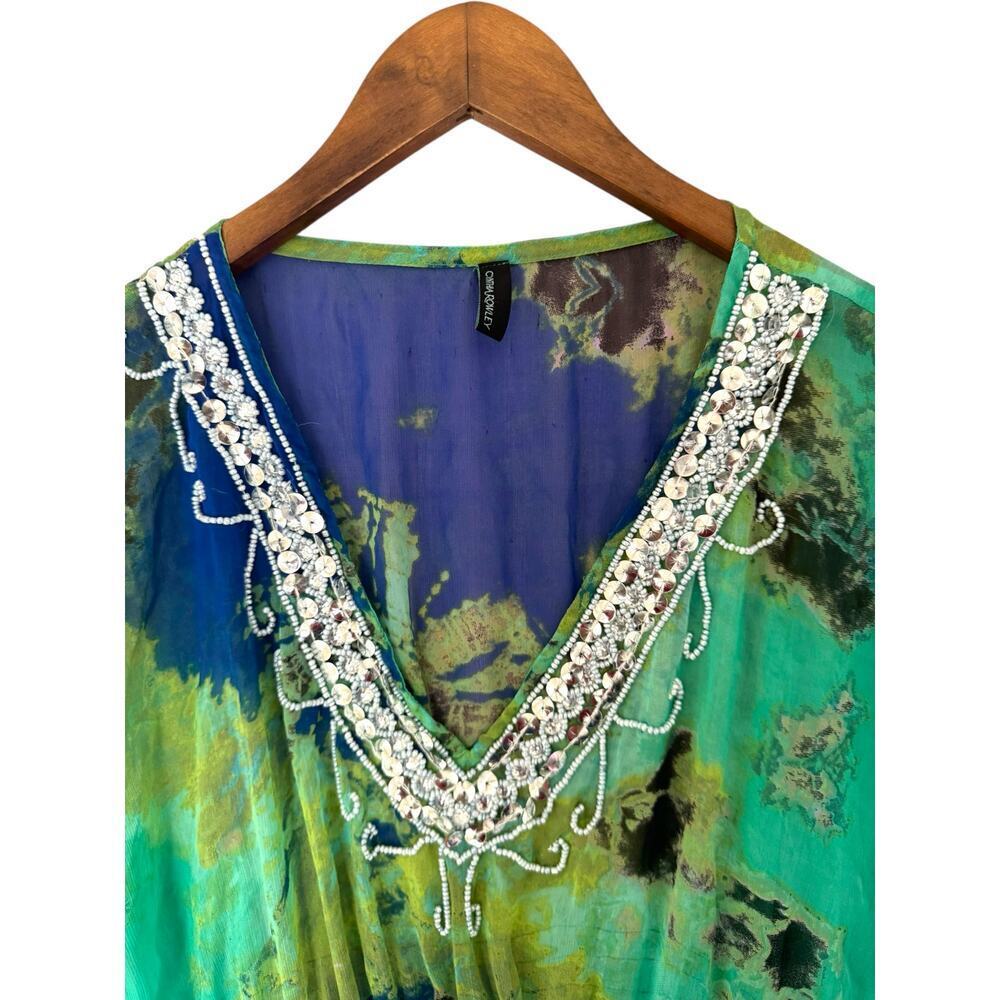 Cynthia Rowley S/M Kaftan Dress Tunic Green Blue Pr Embellished Boho Resortwear - Picture 4 of 7